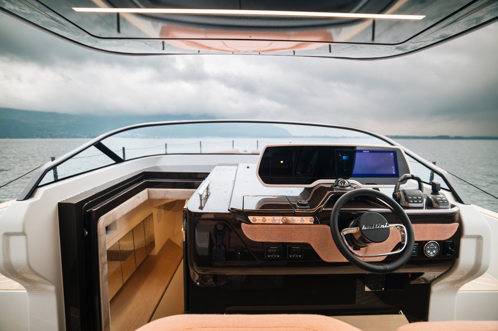Helm with Simrad display, joystick and Bellini steering wheel